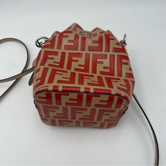 (SOLD) Fendi Monogram Embossed Beige/Red Leather Tresor Drawstring Bucket Bag - Picture 8 of 17